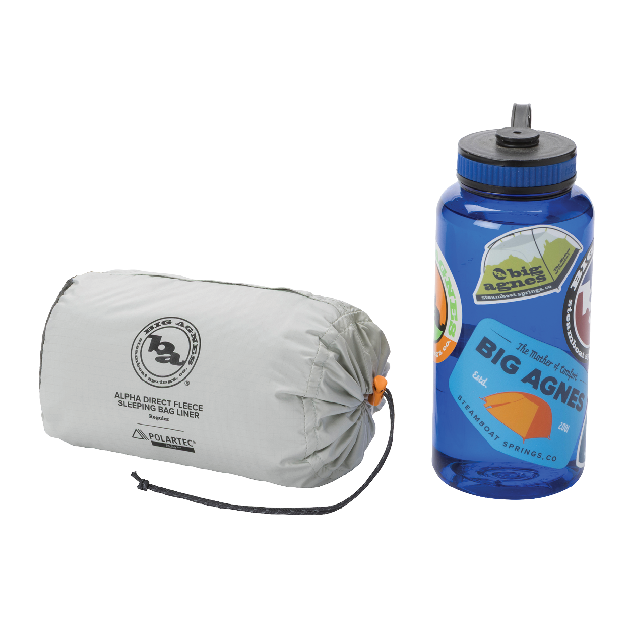 Sleeping bag liner and water bottle with Big Agnes branding on a white background