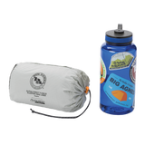 Sleeping bag liner and water bottle with Big Agnes branding on a white background
