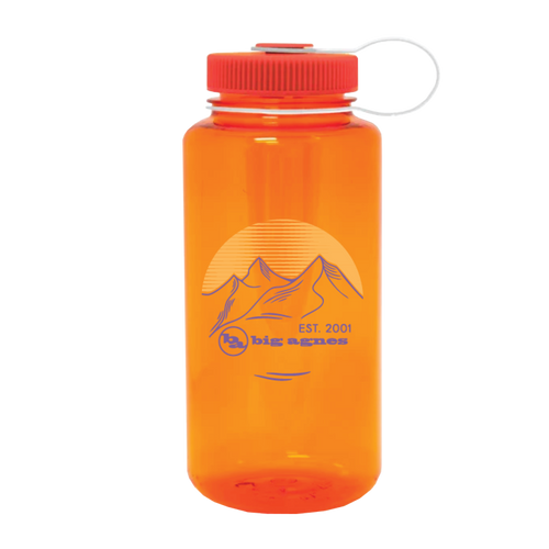 Orange water bottle with a logo and text on a white background
