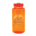 Orange water bottle with a logo and text on a white background