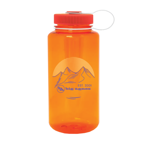 Orange water bottle with a logo and text on a white background