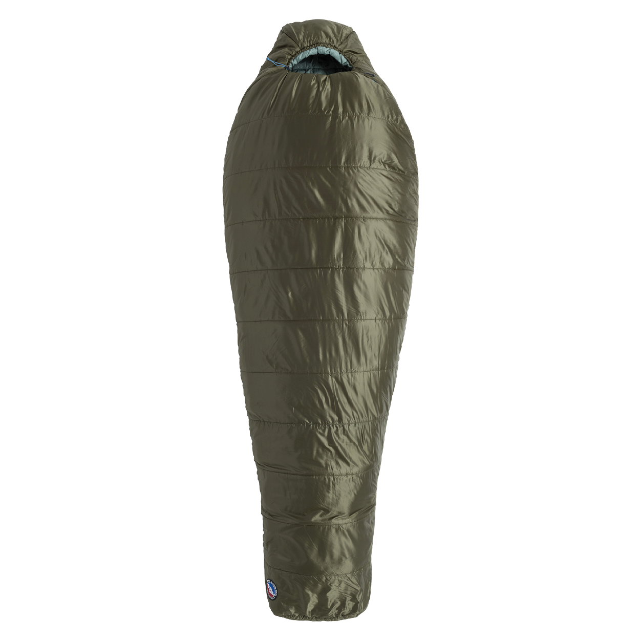The Big Agnes Anthracite 20° is a lightweight, olive green mummy-style sleeping bag with a hood, ideal for outdoor camping and cold weather, shown against a plain white background.