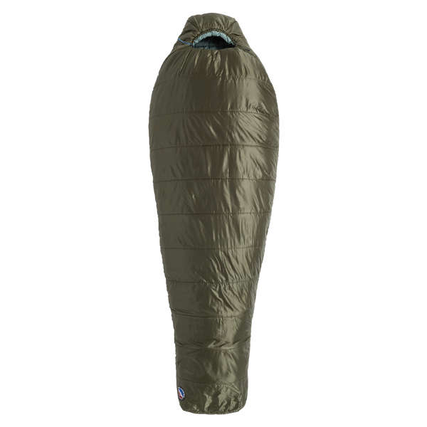 The Big Agnes Returns Anthracite 20° is a lightweight, olive green mummy-style sleeping bag with a hood, ideal for outdoor camping and cold weather, shown against a plain white background.