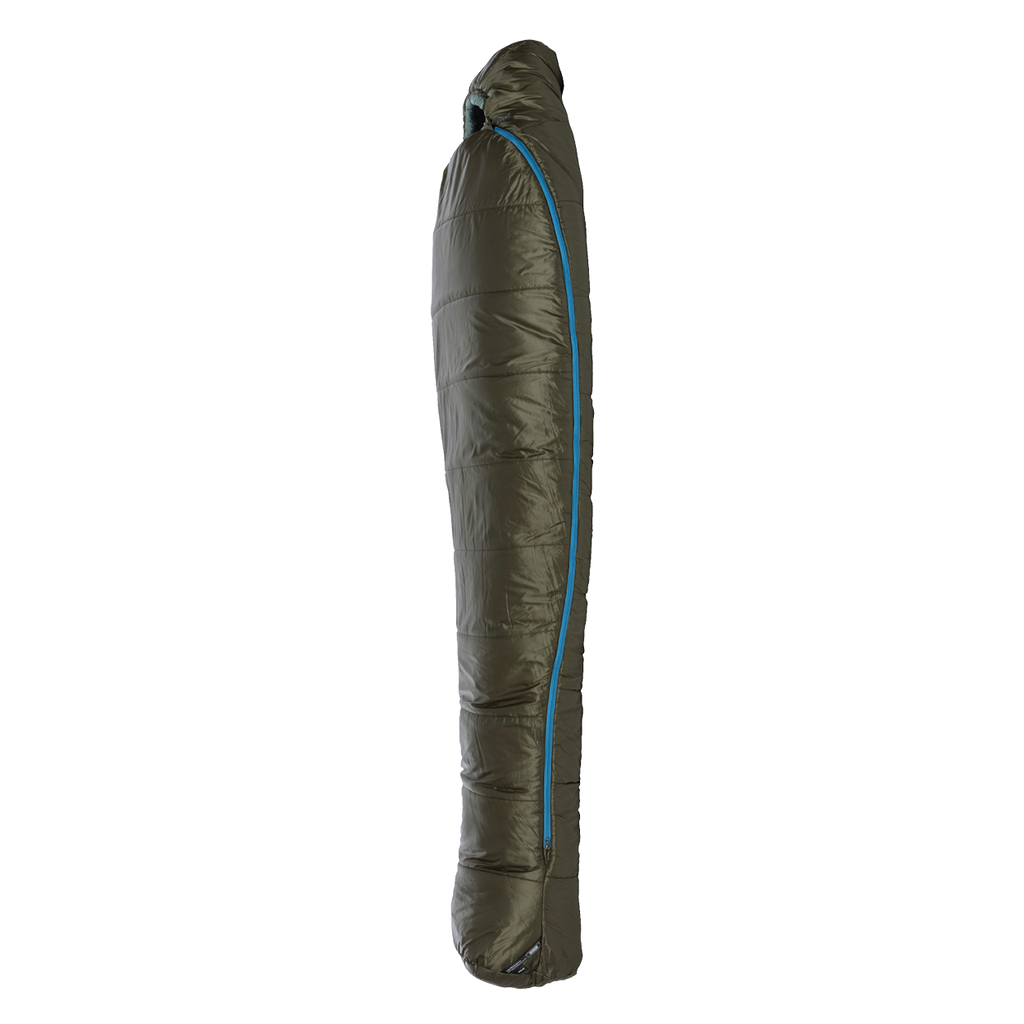 The Big Agnes Anthracite 20°, a dark green mummy-style sleeping bag with recycled synthetic insulation and a blue zipper, stands upright on a plain white background.