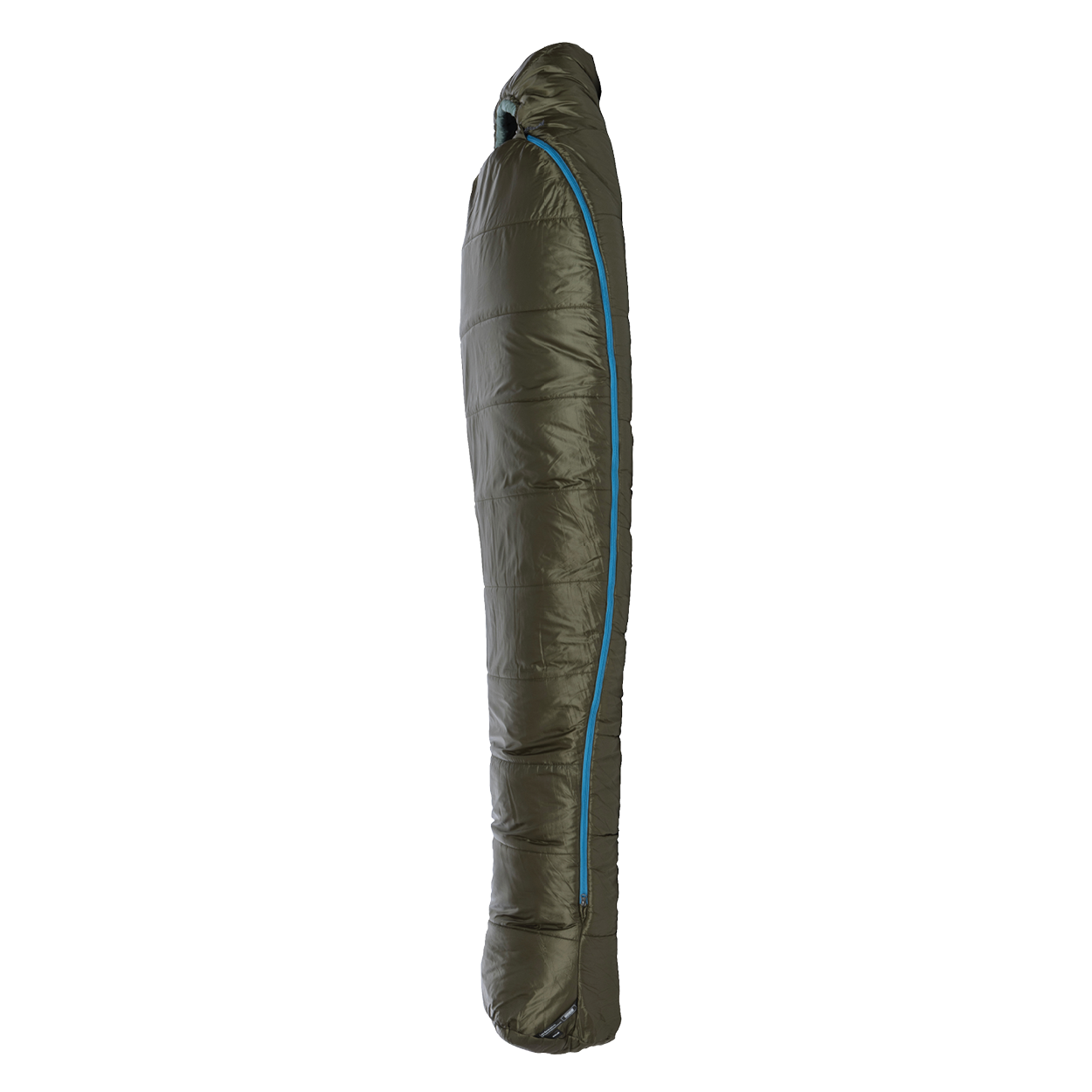 The Big Agnes Anthracite 20°, a dark green mummy-style sleeping bag with recycled synthetic insulation and a blue zipper, stands upright on a plain white background.