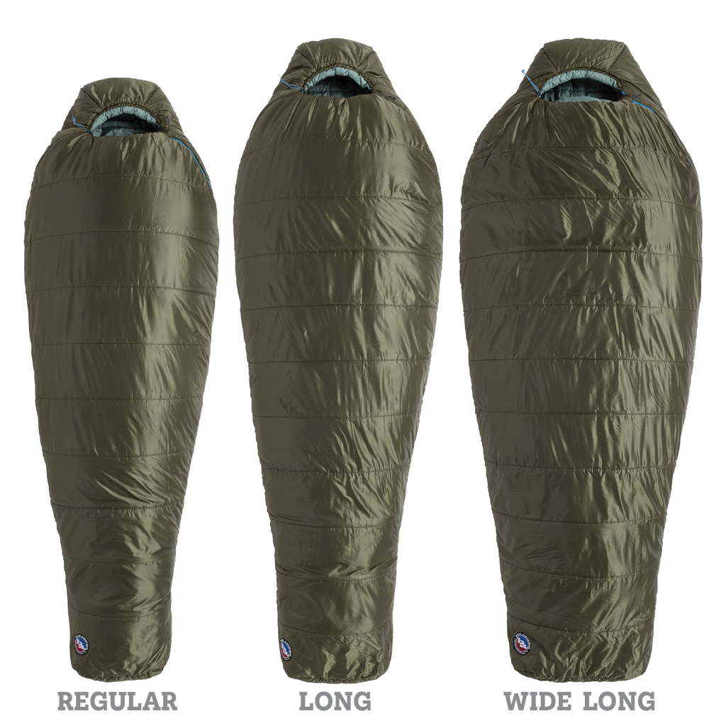 Three olive green Big Agnes Anthracite 20° mummy-style sleeping bags—Regular, Long, and Wide Long—are displayed side by side on a white background, showing their length and width differences; each uses recycled synthetic insulation for lightweight backpacking.