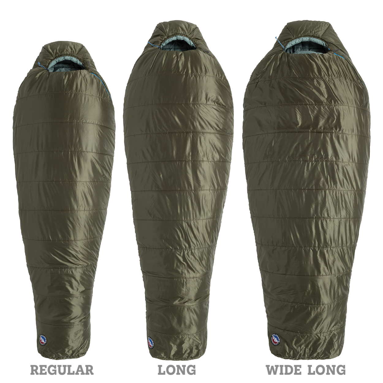 Three olive green Big Agnes Anthracite 20° mummy-style sleeping bags—Regular, Long, and Wide Long—are displayed side by side on a white background, showing their length and width differences; each uses recycled synthetic insulation for lightweight backpacking.