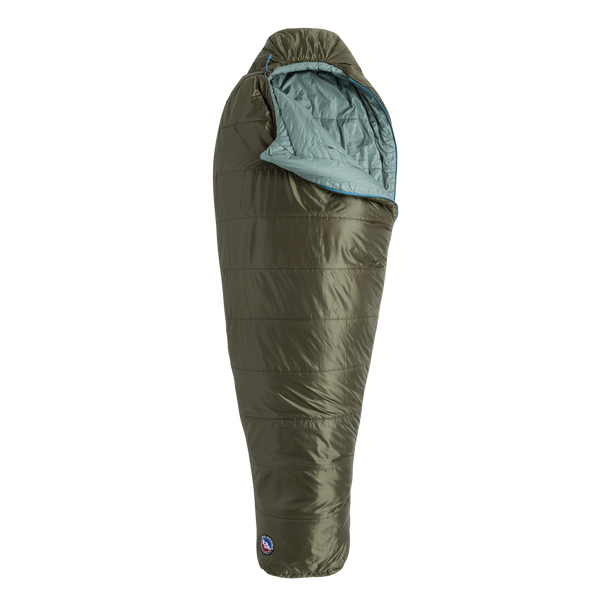 The Big Agnes Returns Anthracite 20° is a green, mummy-style sleeping bag with recycled synthetic insulation and a light blue interior, shown upright and partially unzipped against a plain white background.