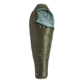 The Big Agnes Anthracite 20° is a green, mummy-style sleeping bag with recycled synthetic insulation and a light blue interior, shown upright and partially unzipped against a plain white background.