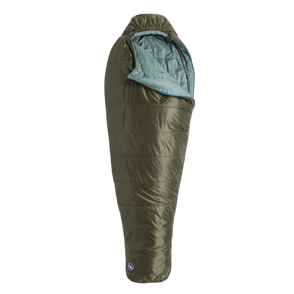 The Big Agnes Anthracite 20° is a green, mummy-style sleeping bag with recycled synthetic insulation and a light blue interior, shown upright and partially unzipped against a plain white background.