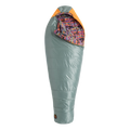 Gray sleeping bag with colorful interior on a white background