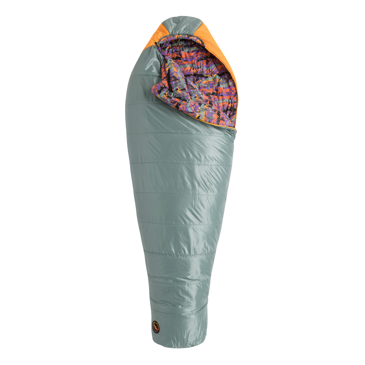 Gray sleeping bag with colorful interior on a white background