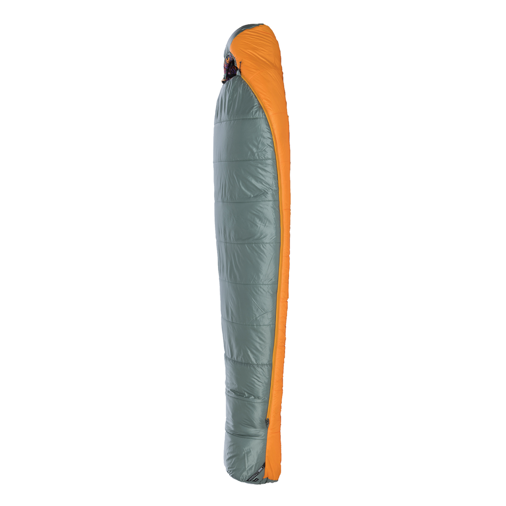 Gray and orange sleeping bag on a white background
