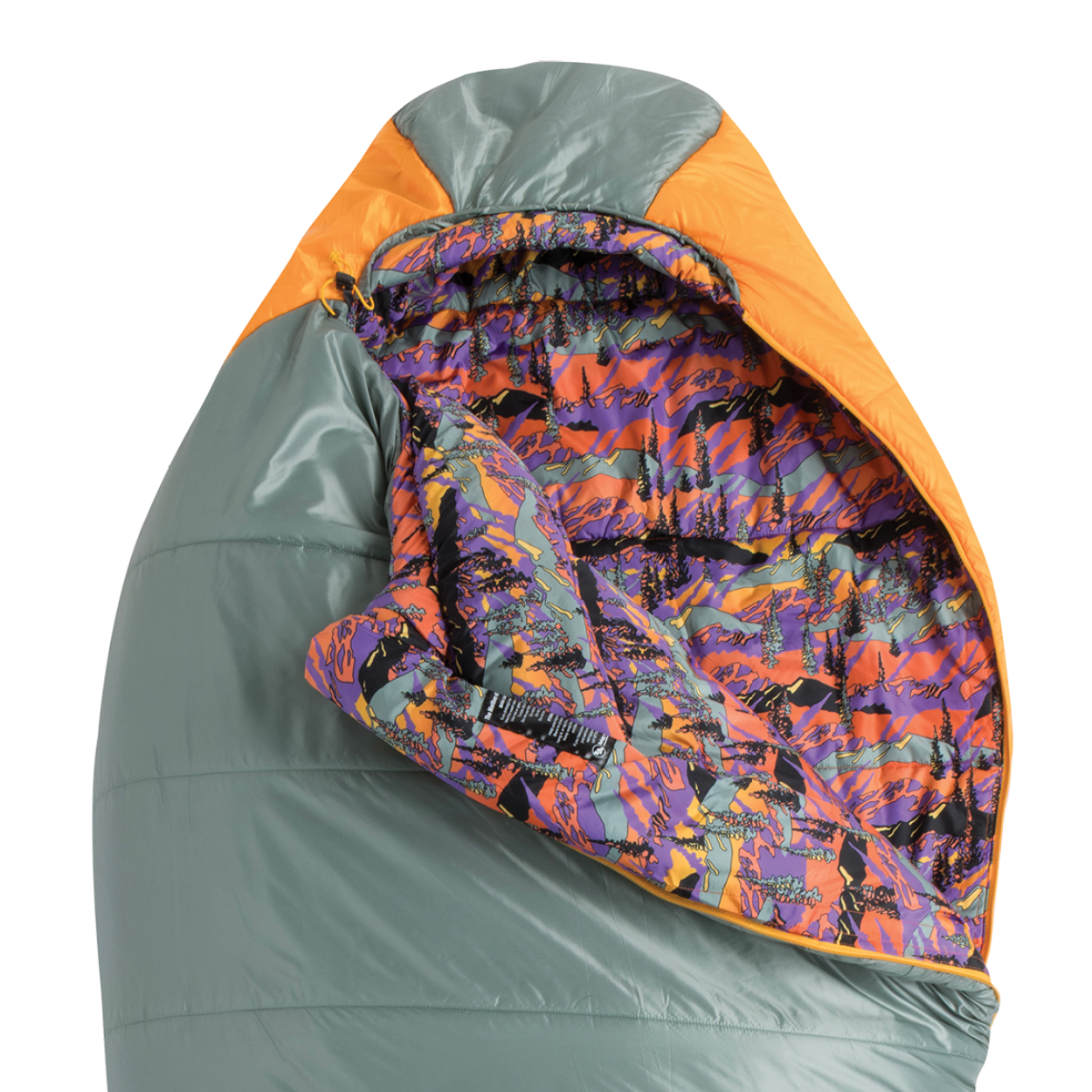 Colorful sleeping bag with gray and orange exterior on a white background