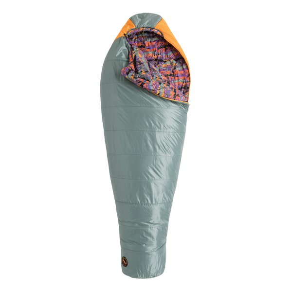Gray sleeping bag with colorful interior on a white background