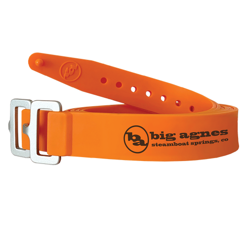 Orange belt with metal buckle and Big Agnes logo on a white background