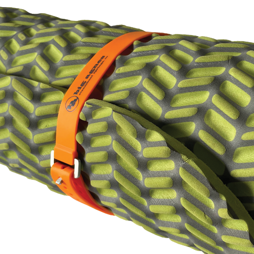 Close-up of a green and gray inflatable sleeping pad with an orange strap.