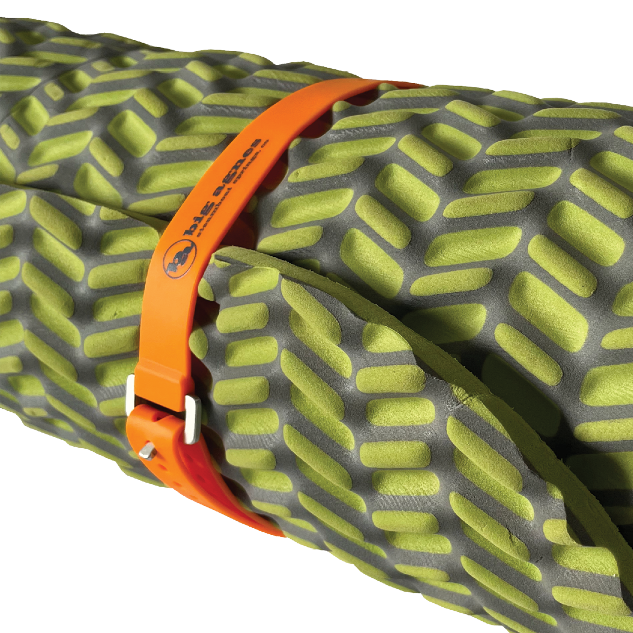 Close-up of a green and gray inflatable sleeping pad with an orange strap.