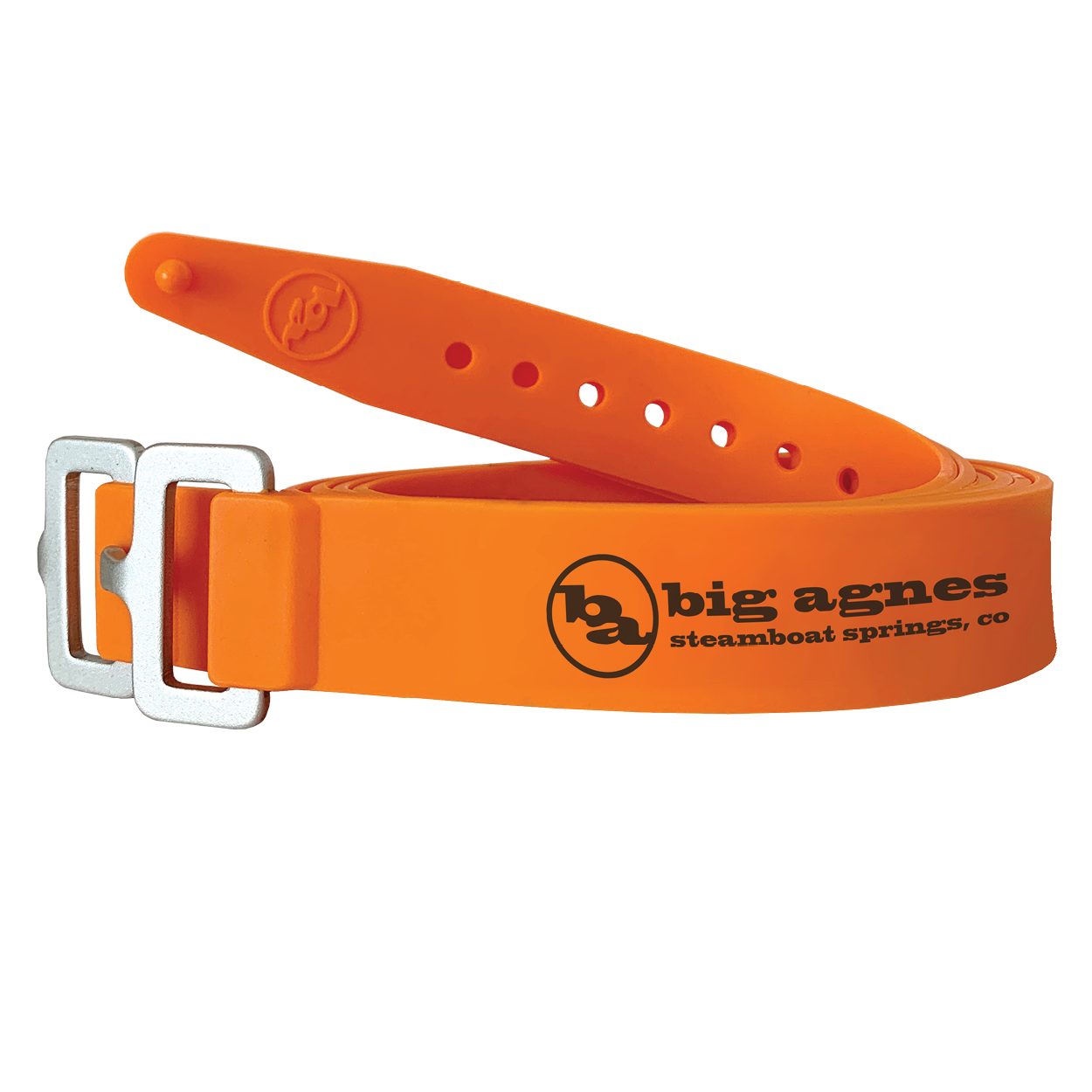 Orange belt with metal buckle and Big Agnes Returns logo on a white background