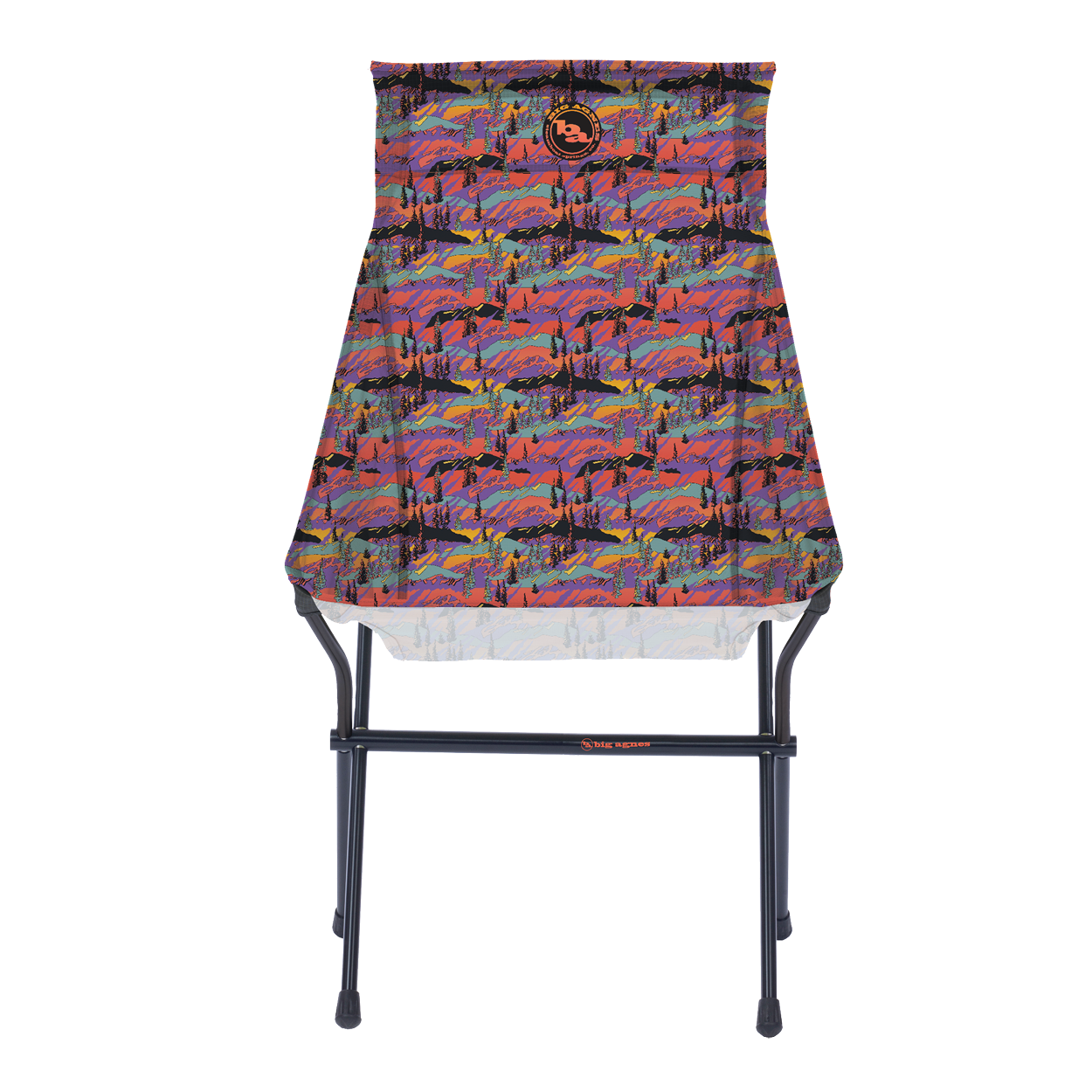 The Big Agnes Big Six Camp Chair - Alpenglow is a lightweight, packable camp chair with a black metal frame and a colorful seat featuring a vibrant abstract mountain landscape in red, purple, blue, and orange.