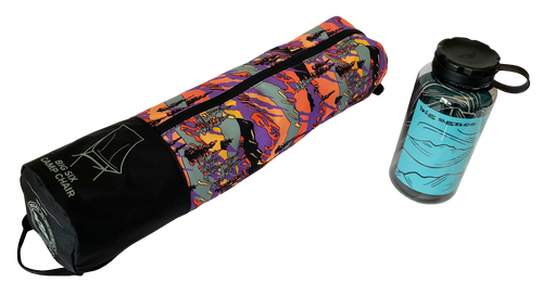 A vibrant zippered bag labeled Big Six Camp Chair - Alpenglow by Big Agnes sits beside a clear water bottle, highlighting this packable chair’s easy portability for any adventure.
