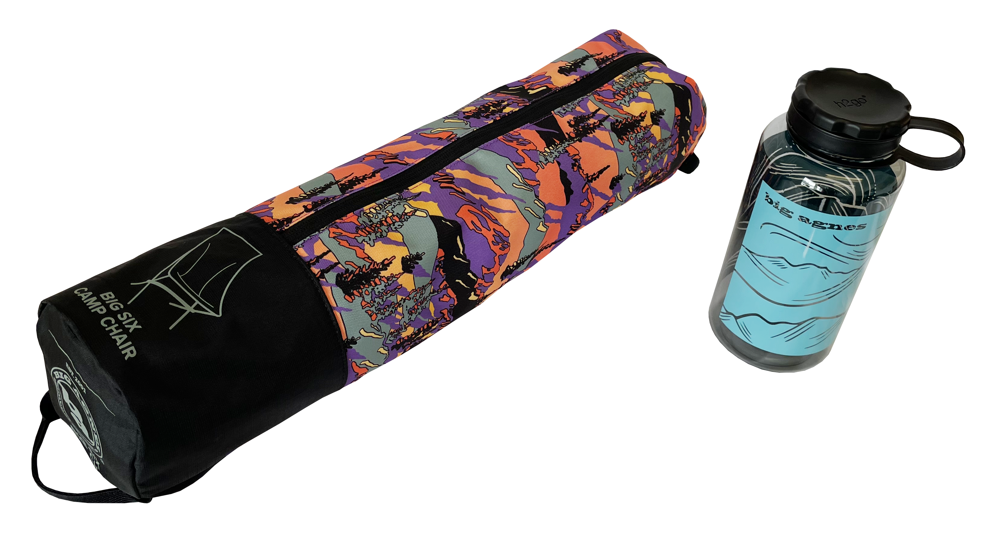 A vibrant zippered bag labeled Big Six Camp Chair - Alpenglow by Big Agnes Returns sits beside a clear water bottle, highlighting this packable chair’s easy portability for any adventure.