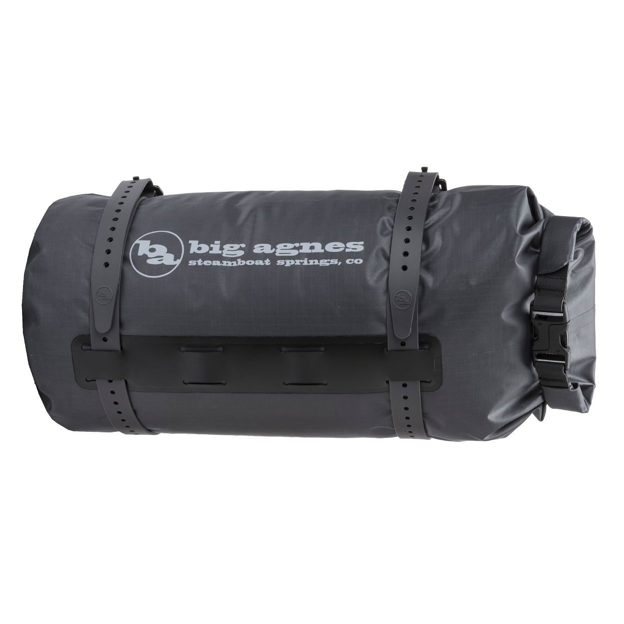 Black roll-top bag with 'big agnes' logo on a white background