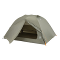 The Big Agnes Returns Blacktail 3 - Vetiver is a green, dome-shaped, lightweight backpacking tent with orange guy lines. Shown with its open entrance revealing the interior floor and mesh door, it’s set against a plain white background.