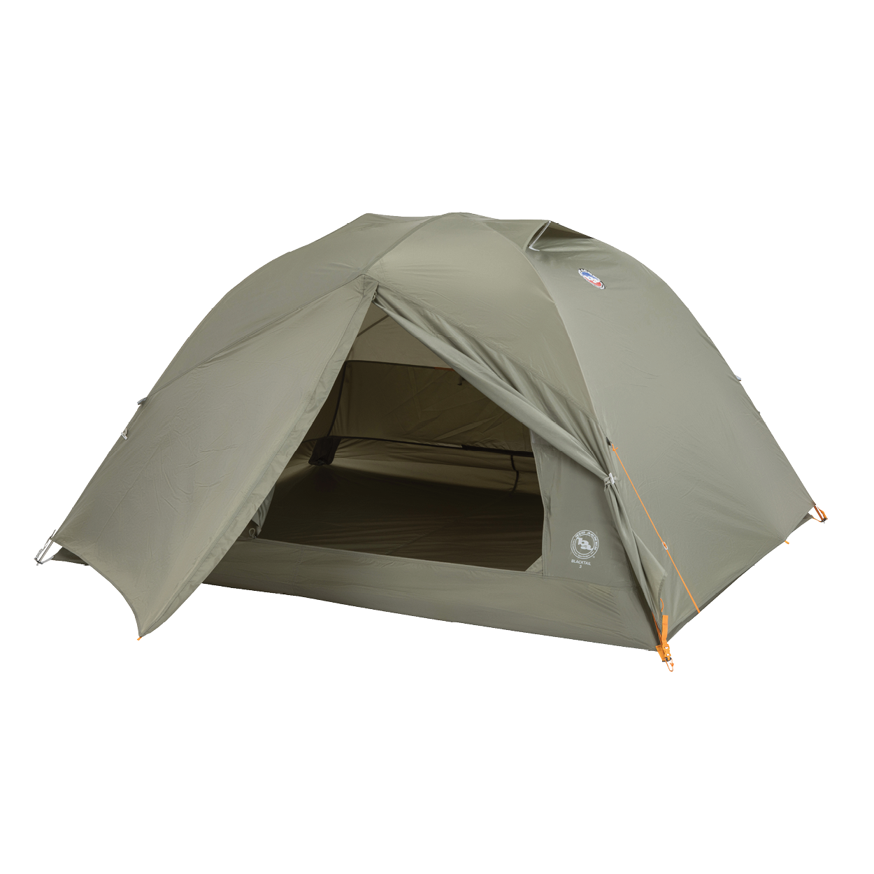 The Big Agnes Returns Blacktail 3 - Vetiver is a green, dome-shaped, lightweight backpacking tent with orange guy lines. Shown with its open entrance revealing the interior floor and mesh door, it’s set against a plain white background.