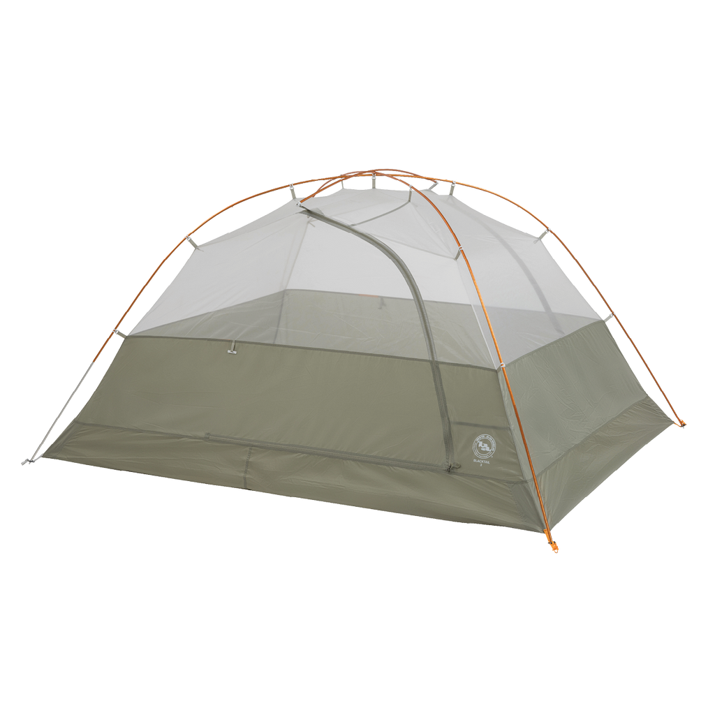 The Big Agnes Returns Blacktail 3 - Vetiver is a lightweight backpacking tent with mesh upper walls, orange poles, and a rectangular floor in green and gray, shown set up against a plain white background.