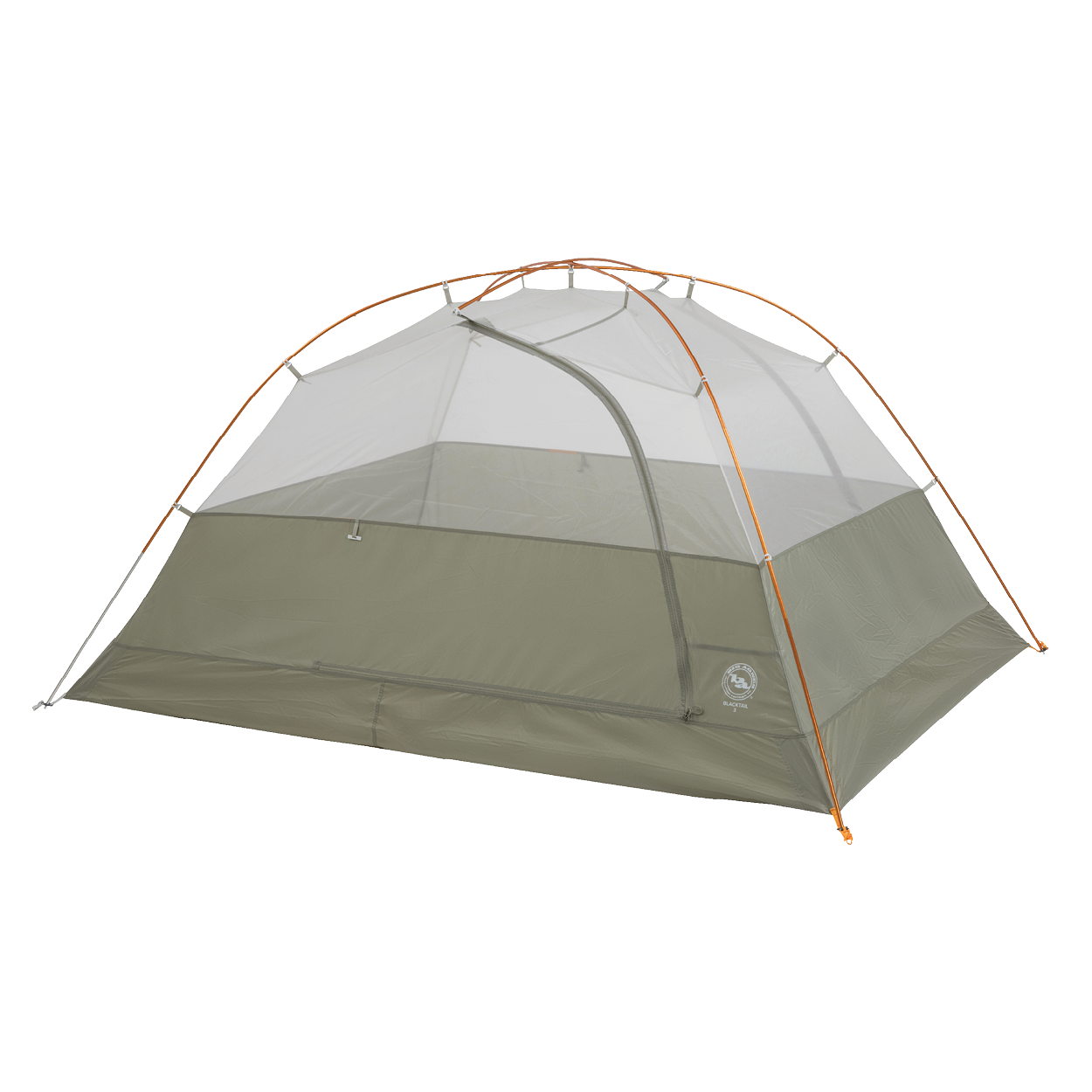 The Big Agnes Returns Blacktail 3 - Vetiver is a lightweight backpacking tent with mesh upper walls, orange poles, and a rectangular floor in green and gray, shown set up against a plain white background.