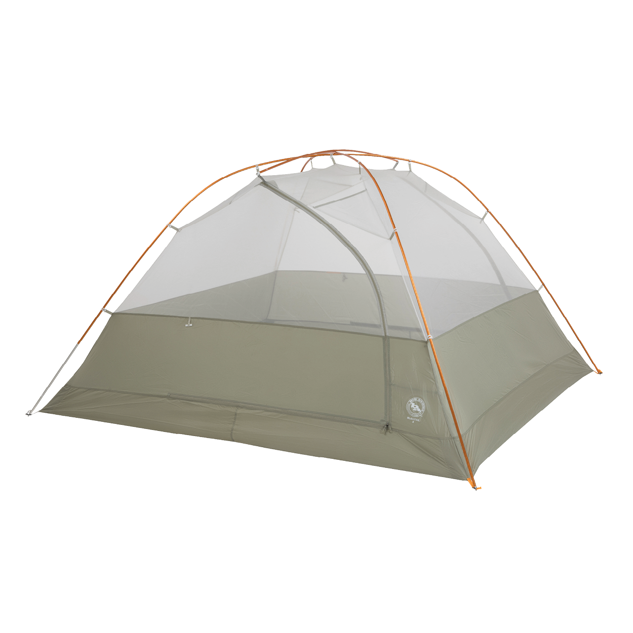 The Big Agnes Blacktail 4 - Vetiver is a lightweight backpacking tent in green and gray with a mesh upper, orange poles, and rectangular base, shown set up against a plain white background.