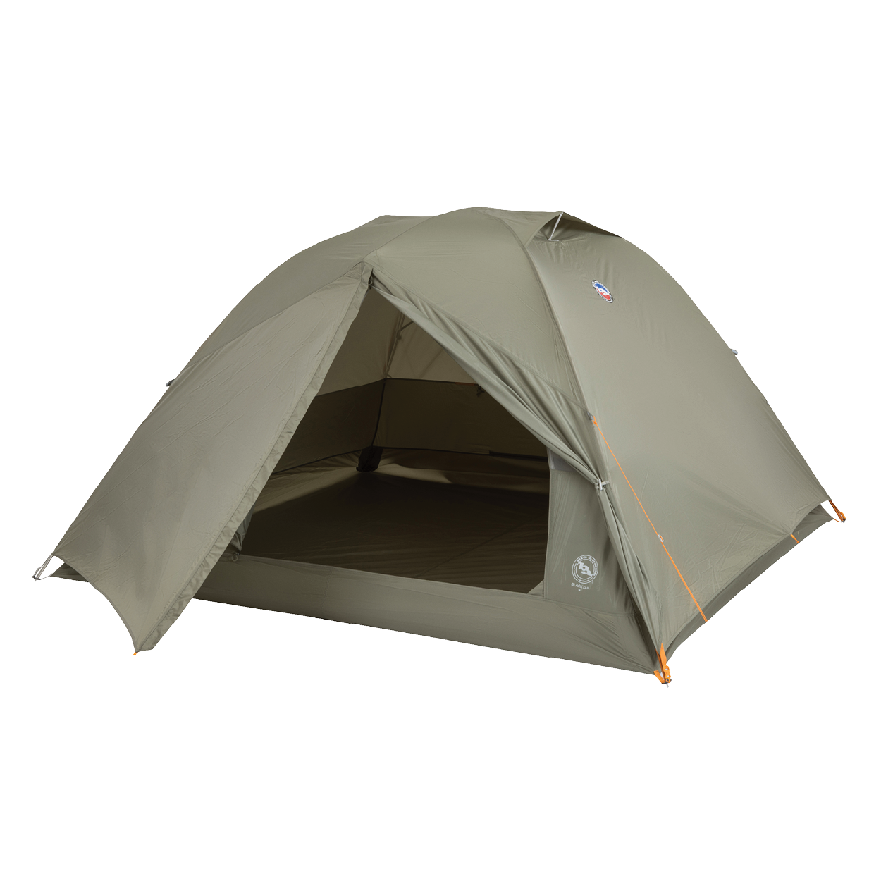 The Big Agnes Blacktail 4 - Vetiver is a green, dome-shaped lightweight backpacking tent with an open front door showing the interior, orange corner guylines, and is set up against a plain white background.