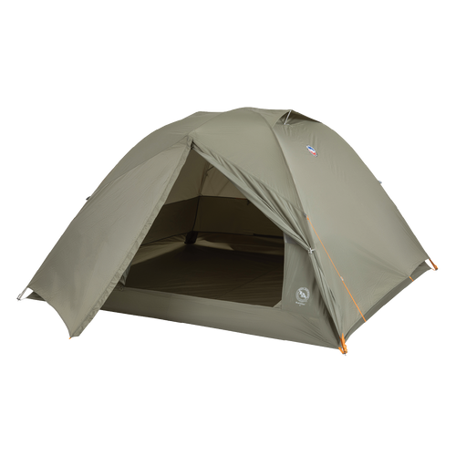 The Big Agnes Blacktail 4 - Vetiver is a green, dome-shaped lightweight backpacking tent with an open front door showing the interior, orange corner guylines, and is set up against a plain white background.