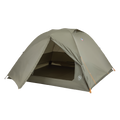 The Big Agnes Returns Blacktail 4 - Vetiver is a green, dome-shaped lightweight backpacking tent with an open front door showing the interior, orange corner guylines, and is set up against a plain white background.
