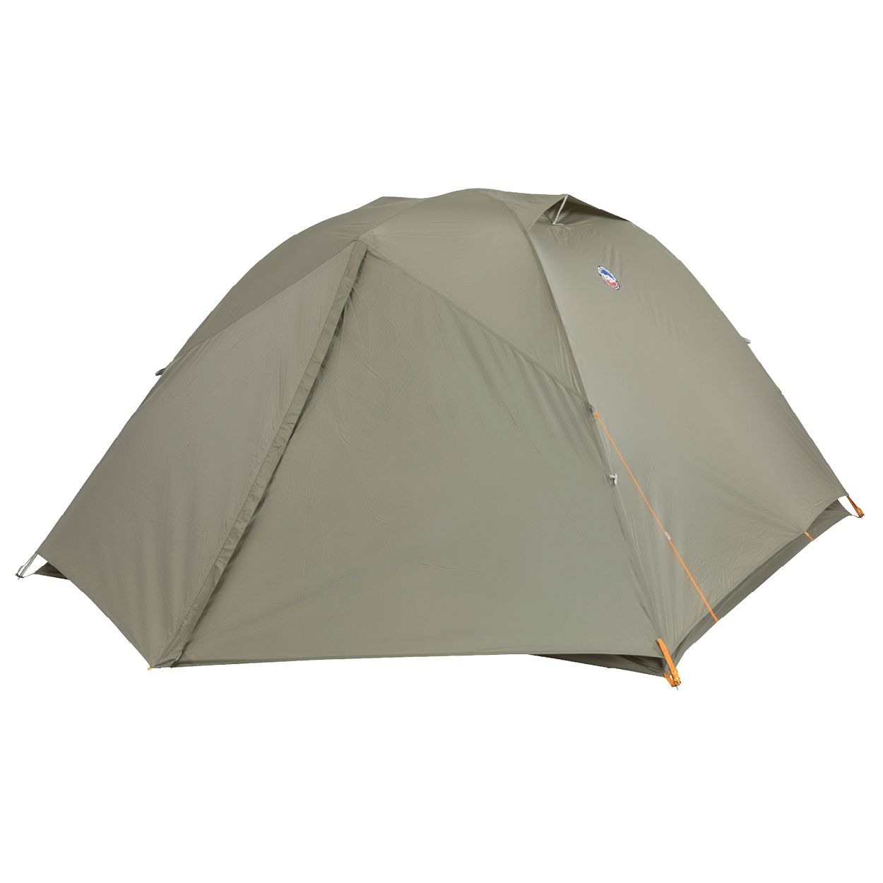 The Big Agnes Returns Blacktail 4 - Vetiver is a green, dome-shaped camping tent with full rainfly coverage and orange accents at the corners and zippers, shown set up on a plain white background.