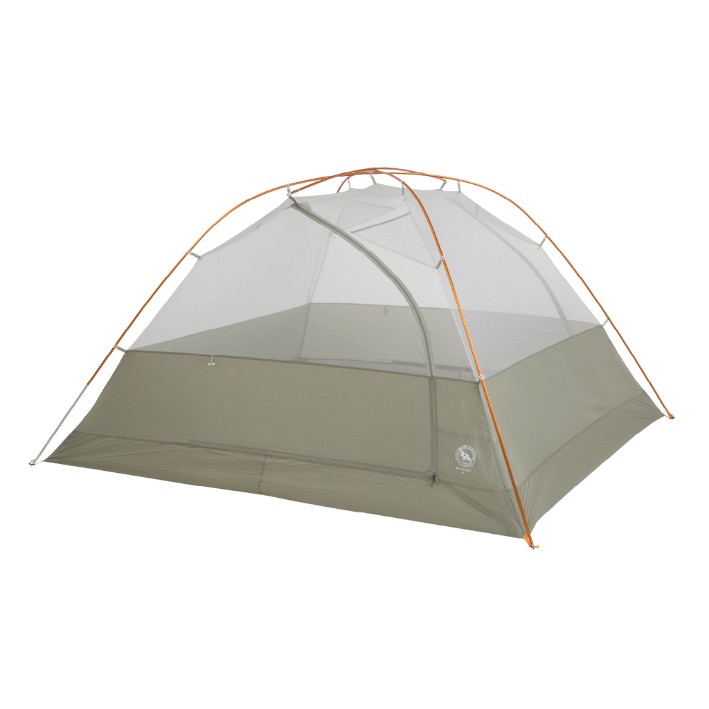 The Big Agnes Returns Blacktail 4 - Vetiver is a lightweight backpacking tent in green and gray with a mesh upper, orange poles, and rectangular base, shown set up against a plain white background.
