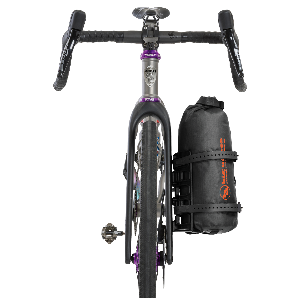 Bicycle with a black bag attached to the fork on a white background