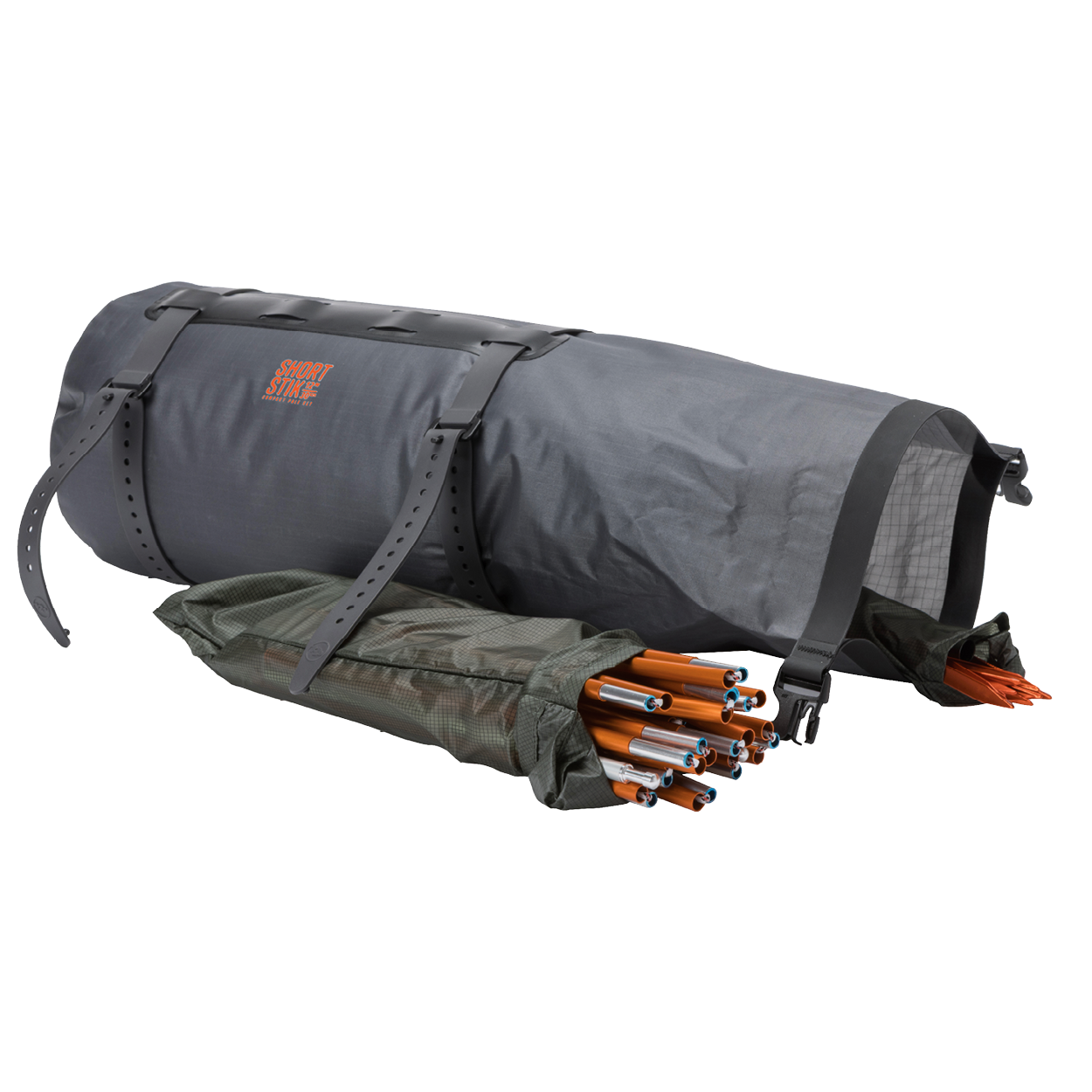 Gray dry bag with orange text and a green bag with tent equipment on a white background