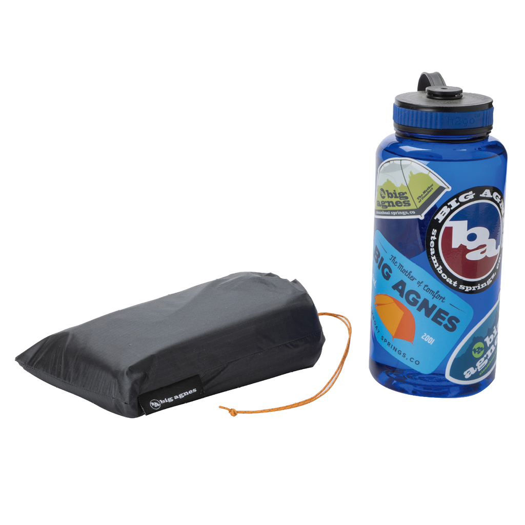 Black Copper Spur UL1 Bikepack Footprint and blue water bottle with 'Big Agnes Returns' branding on a white background