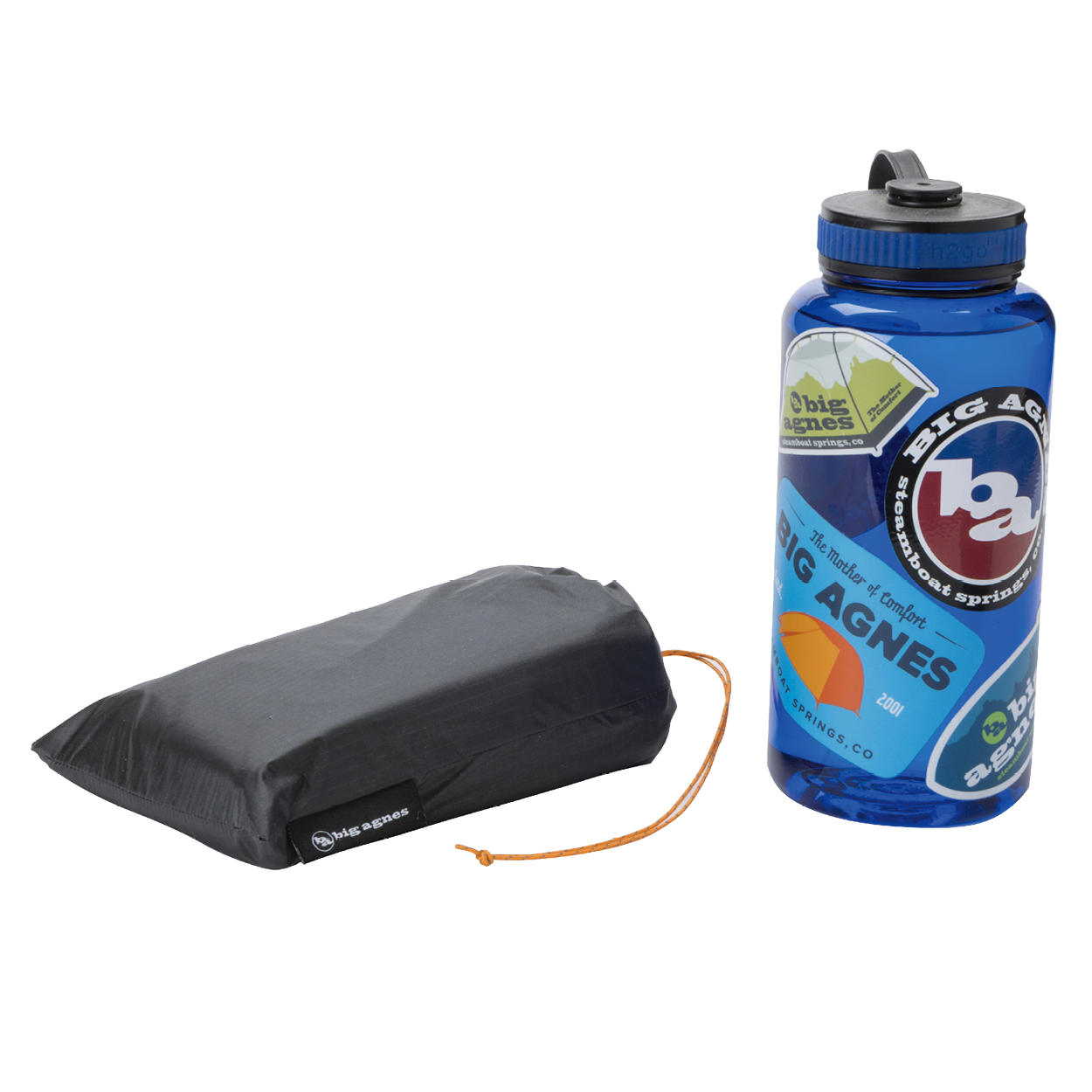 Black Copper Spur UL1 Bikepack Footprint and blue water bottle with 'Big Agnes Returns' branding on a white background