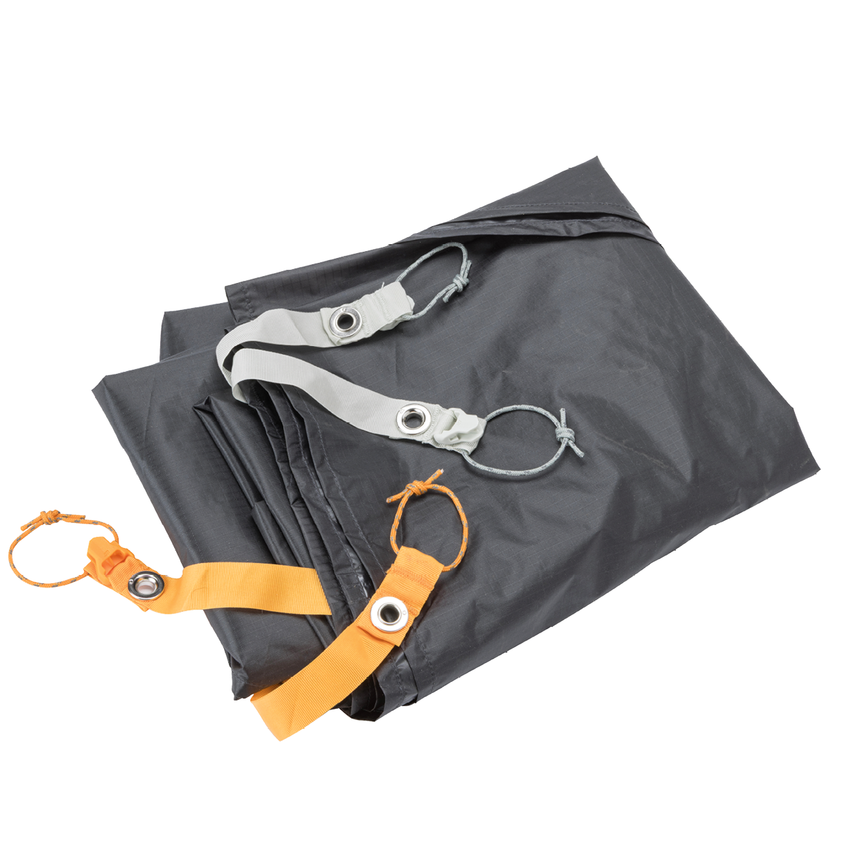 Folded gray Copper Spur UL1 Bikepack Footprint with orange and silver straps on a white background