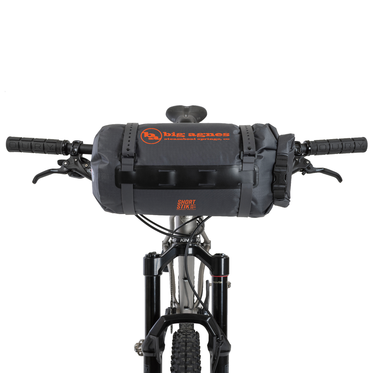 Bicycle handlebar with a black bag and visible branding on a white background