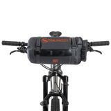 Bicycle handlebar with a black bag and visible branding on a white background
