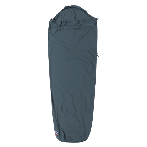 The Big Agnes Cotton Sleeping Bag Liner features a dark gray, mummy-style design with a hood, tapering toward the bottom, and a small logo near the foot—laid flat on white. Ideal for travel comfort.