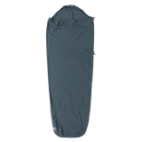 The Big Agnes Cotton Sleeping Bag Liner features a dark gray, mummy-style design with a hood, tapering toward the bottom, and a small logo near the foot—laid flat on white. Ideal for travel comfort.