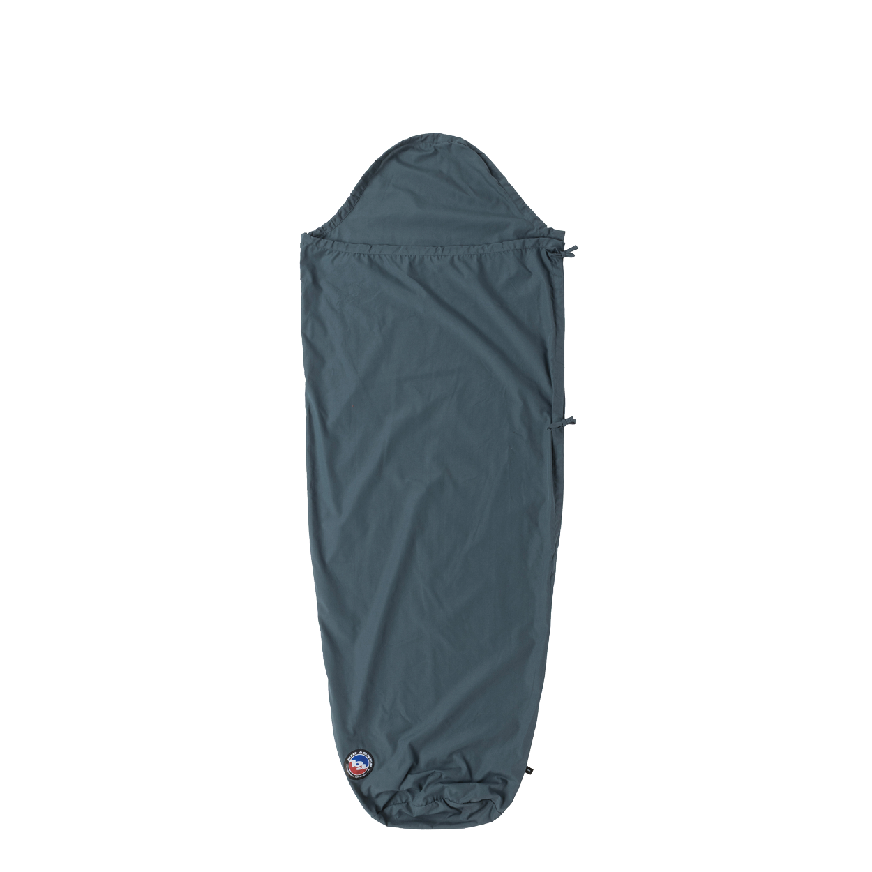 The Big Agnes Cotton Sleeping Bag Liner is shown in gray with a hood, full-length, and tapered design against a white background, featuring the logo near the bottom—perfect as a travel companion for your sleeping bag.