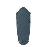 The Big Agnes Cotton Sleeping Bag Liner is shown in gray with a hood, full-length, and tapered design against a white background, featuring the logo near the bottom—perfect as a travel companion for your sleeping bag.