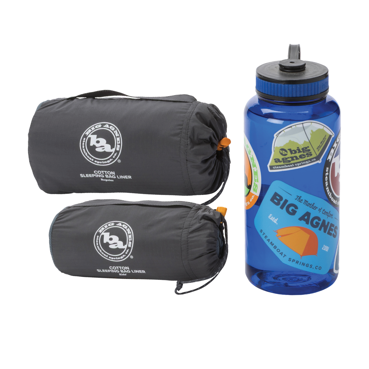 Two rolled-up Big Agnes Cotton Sleeping Bag Liners in gray are placed beside a blue water bottle with vibrant outdoor-themed stickers—ideal companions for your next adventure.