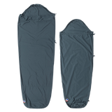 Two dark blue Big Agnes Cotton Sleeping Bag Liners are laid flat. The left is rectangular with a hood; the right is a tapered mummy style. Both feature a small logo at the bottom and are ideal for travel.